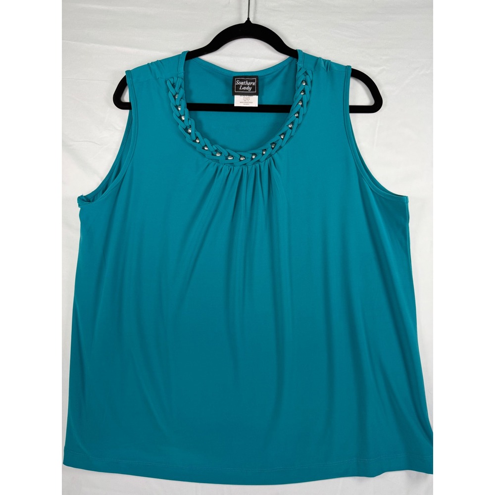 Southern Lady Womens Teal Blue Braided Studded Neckline Sleeveless Top XL cruise